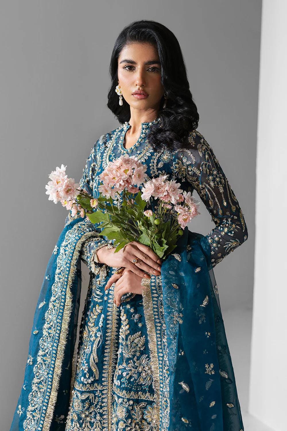 Teal Embroidered Organza Pakistani Suit: Pearl Kamdani Sharara