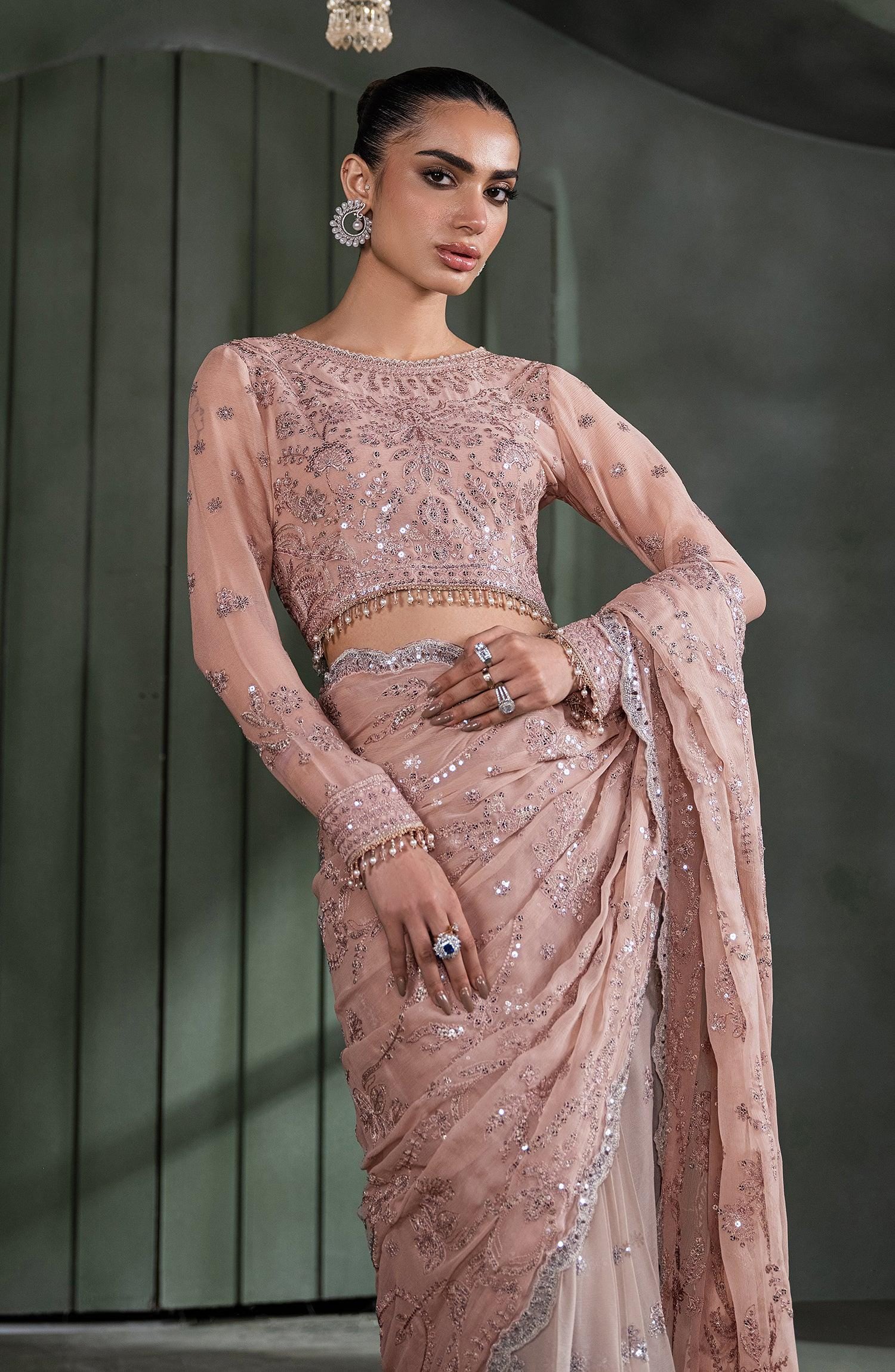 Pink Sequins Embroidered Chiffon Saree, Indian Wedding Wear
