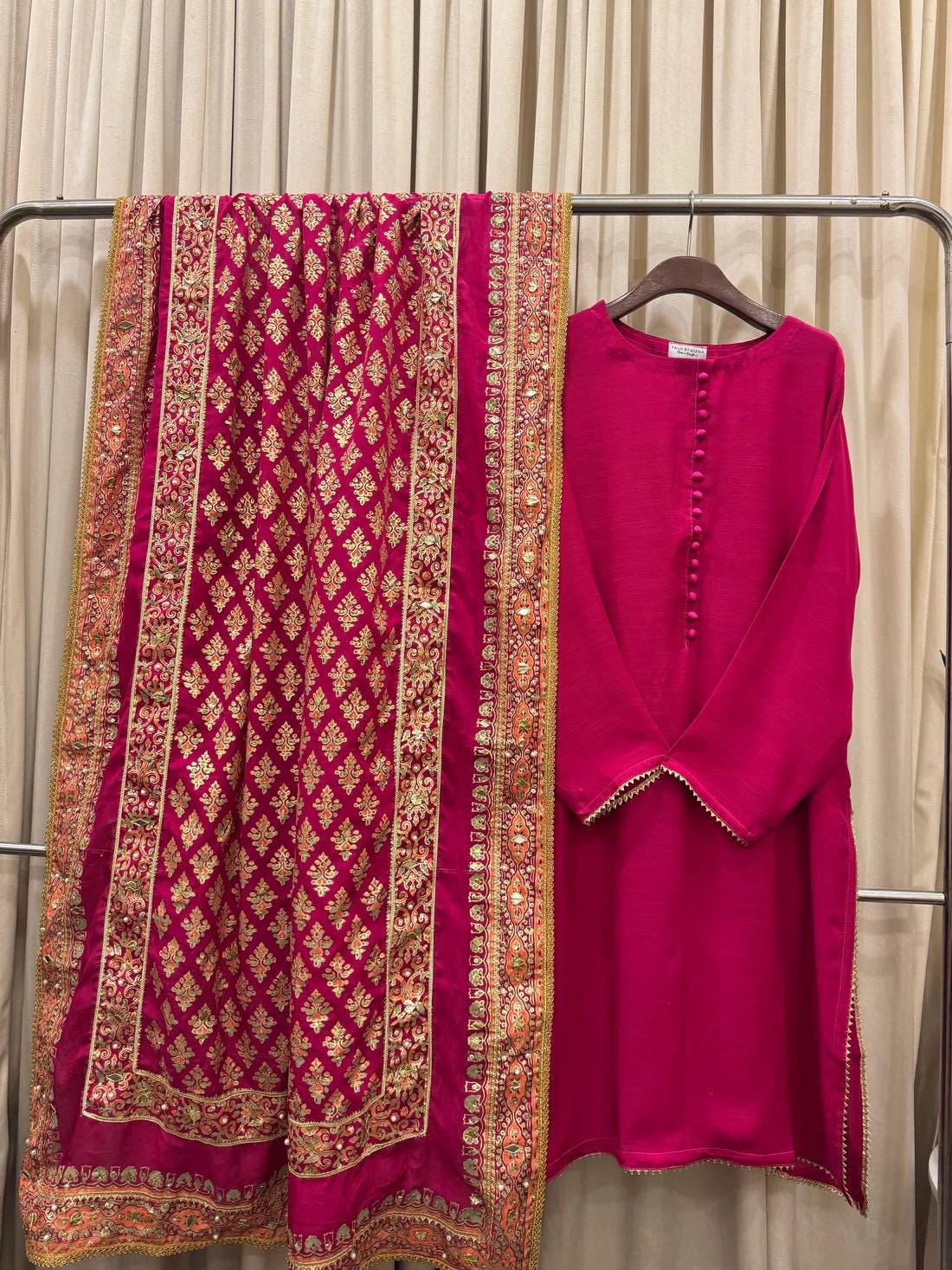 Shocking Pink Raw Silk Shalwar Kameez, Hand-Embellished Dupatta