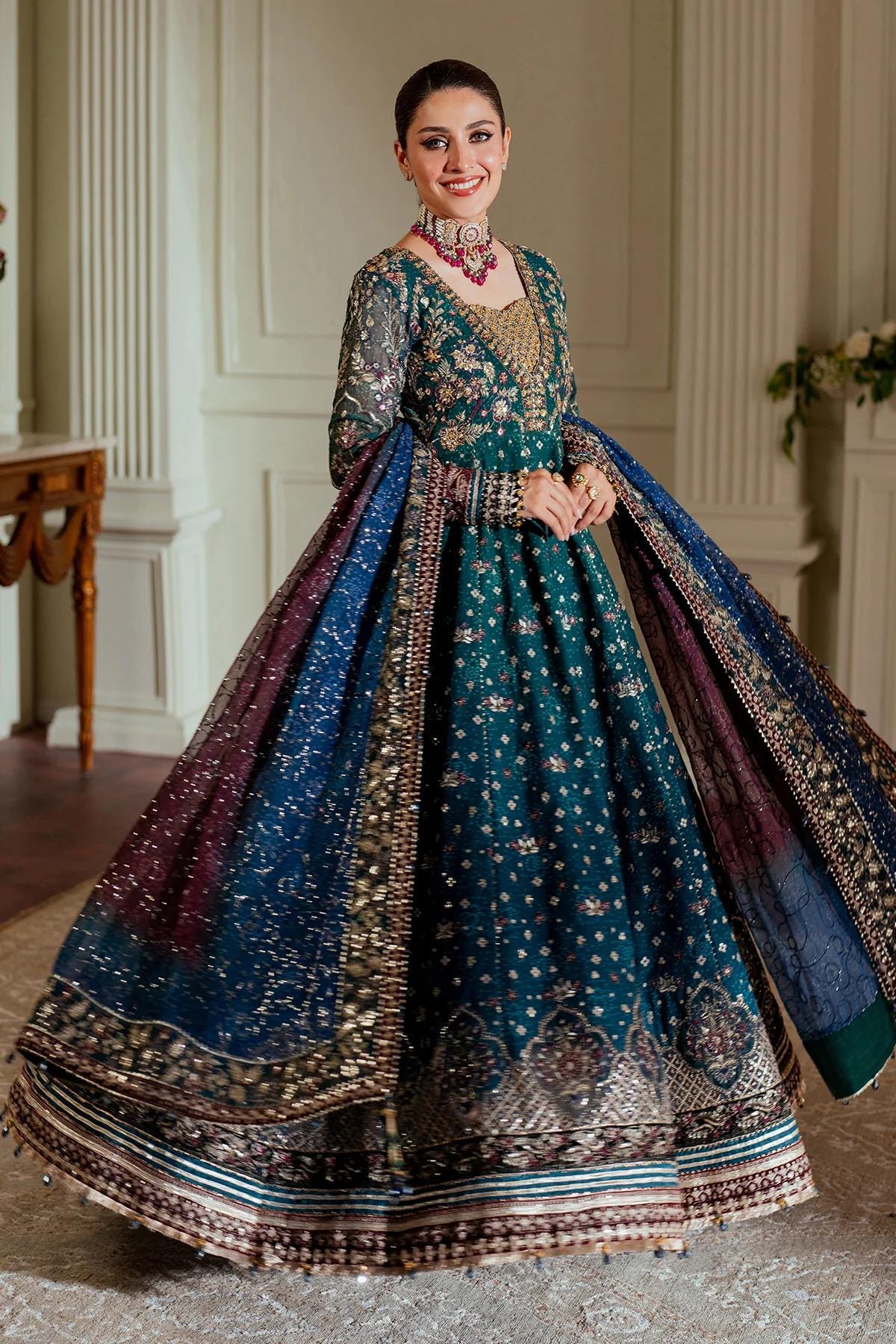 Blue Chiffon Pakistani Gown | Embroidered Dupatta, Silk Trouser