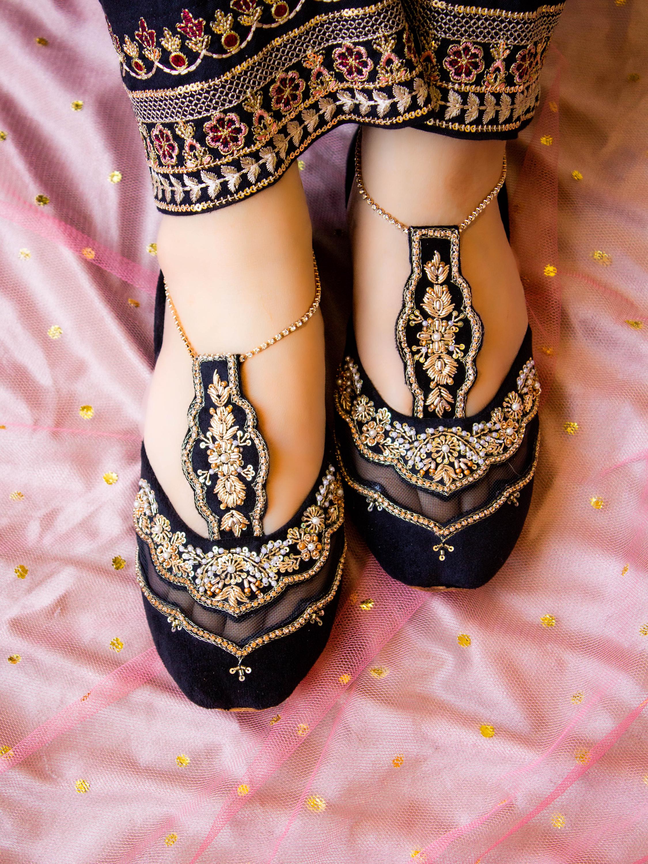 Embroidered Velvet Khussa Shoes: Gold Pakistani Jutti, Bridal Footwear