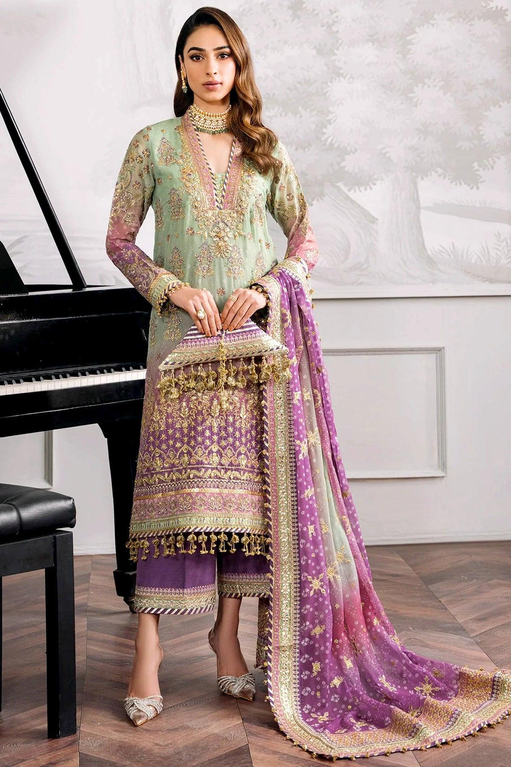Embroidered Chiffon Silk Suit: Mint Green Pakistani Wedding Dress