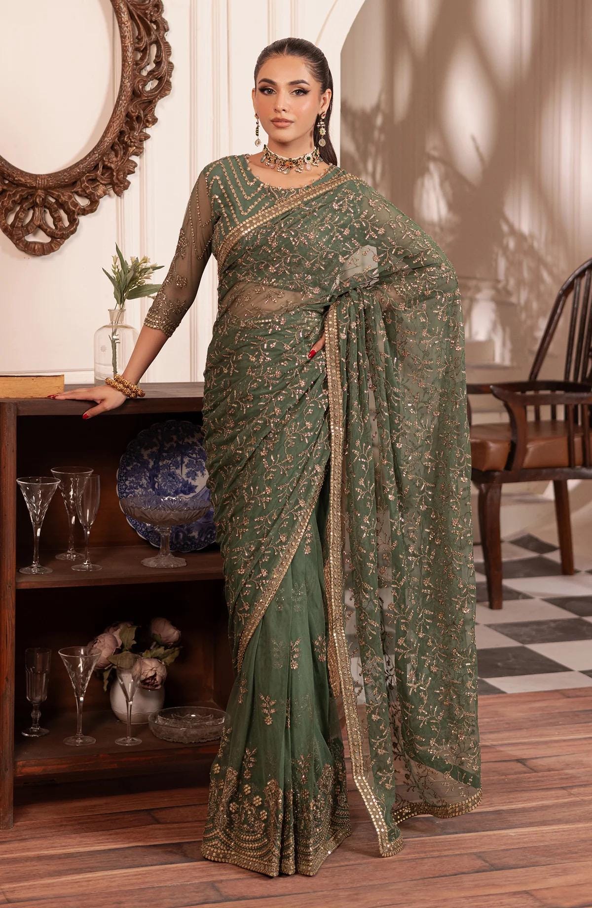 Sage Green Sequin Saree: Indian Party Wear, Matching Blouse