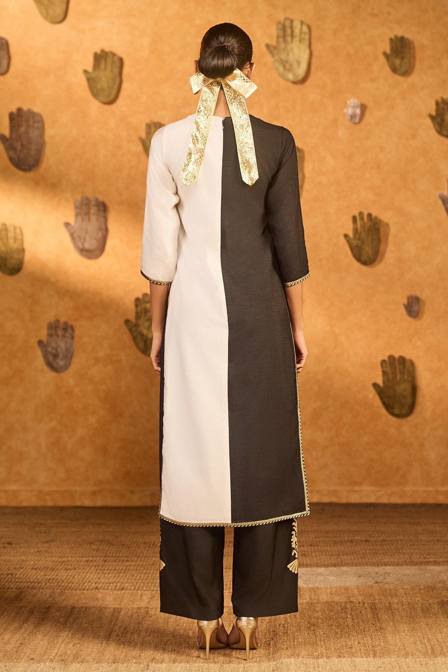 Handmade black and offwhite Kurta Pant Set: Indian Organza Dupatta 3pc Dress