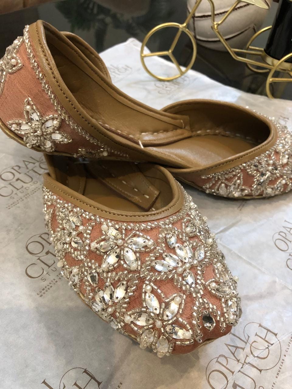 Handmade Leather Jutti – Taupe Silk, Floral Embroidered Bridal Flats