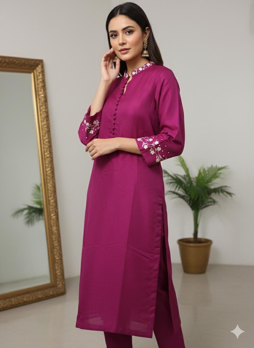 Hot Pink Hand Embroidered Silk Suit with Organza Dupatta