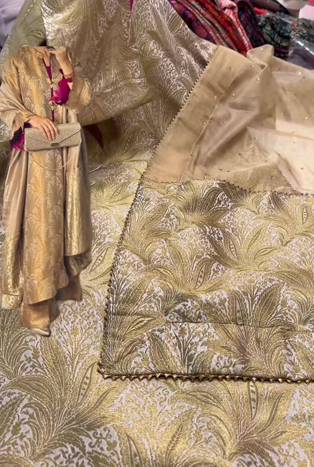 atlas banarsi gold Kameez Shalwar, Pakistani Mirrorwork 3pc Outfit