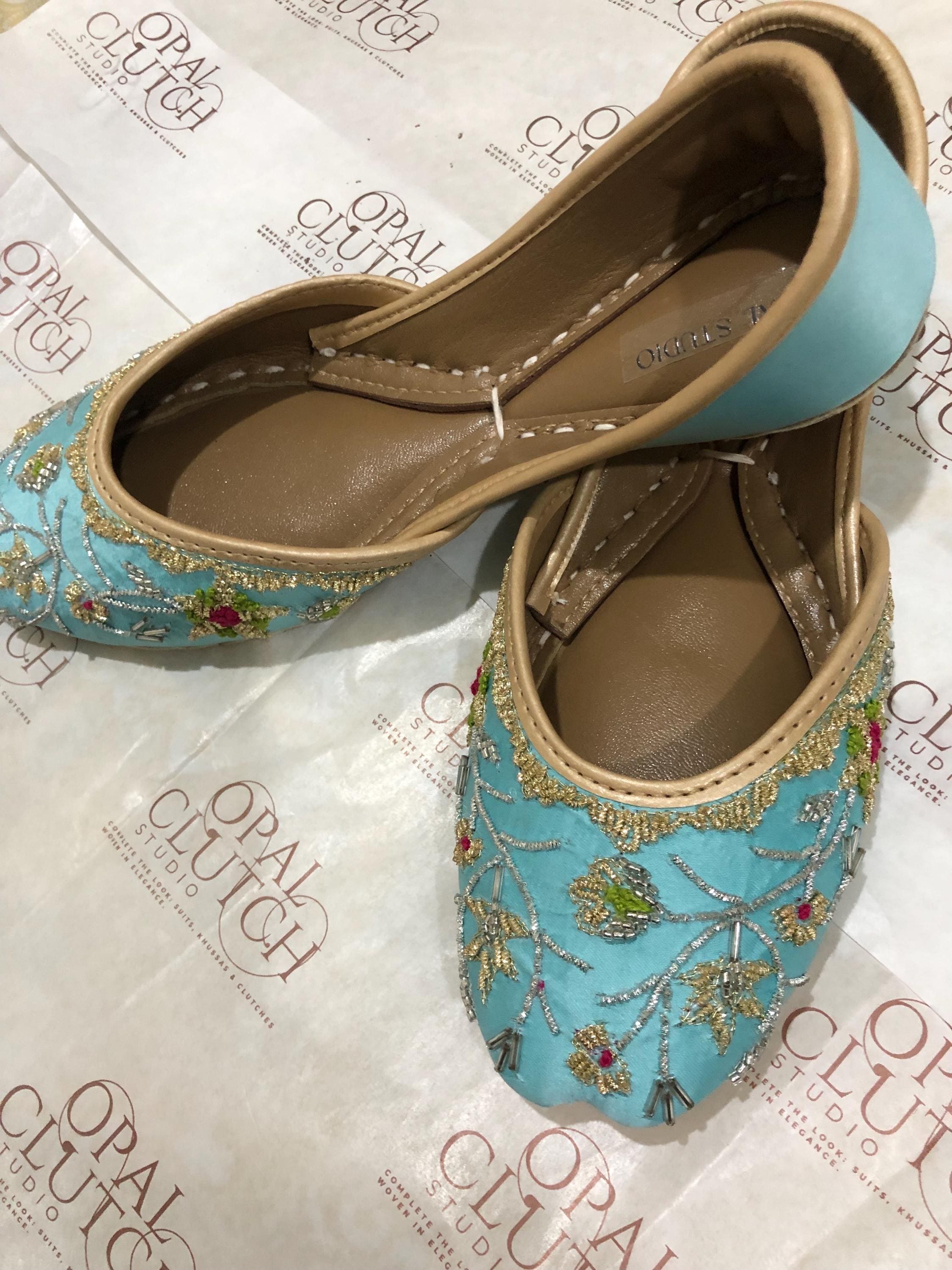 Handmade Silk Jutti: Pink & Mint Floral Khussa Mojari Flats