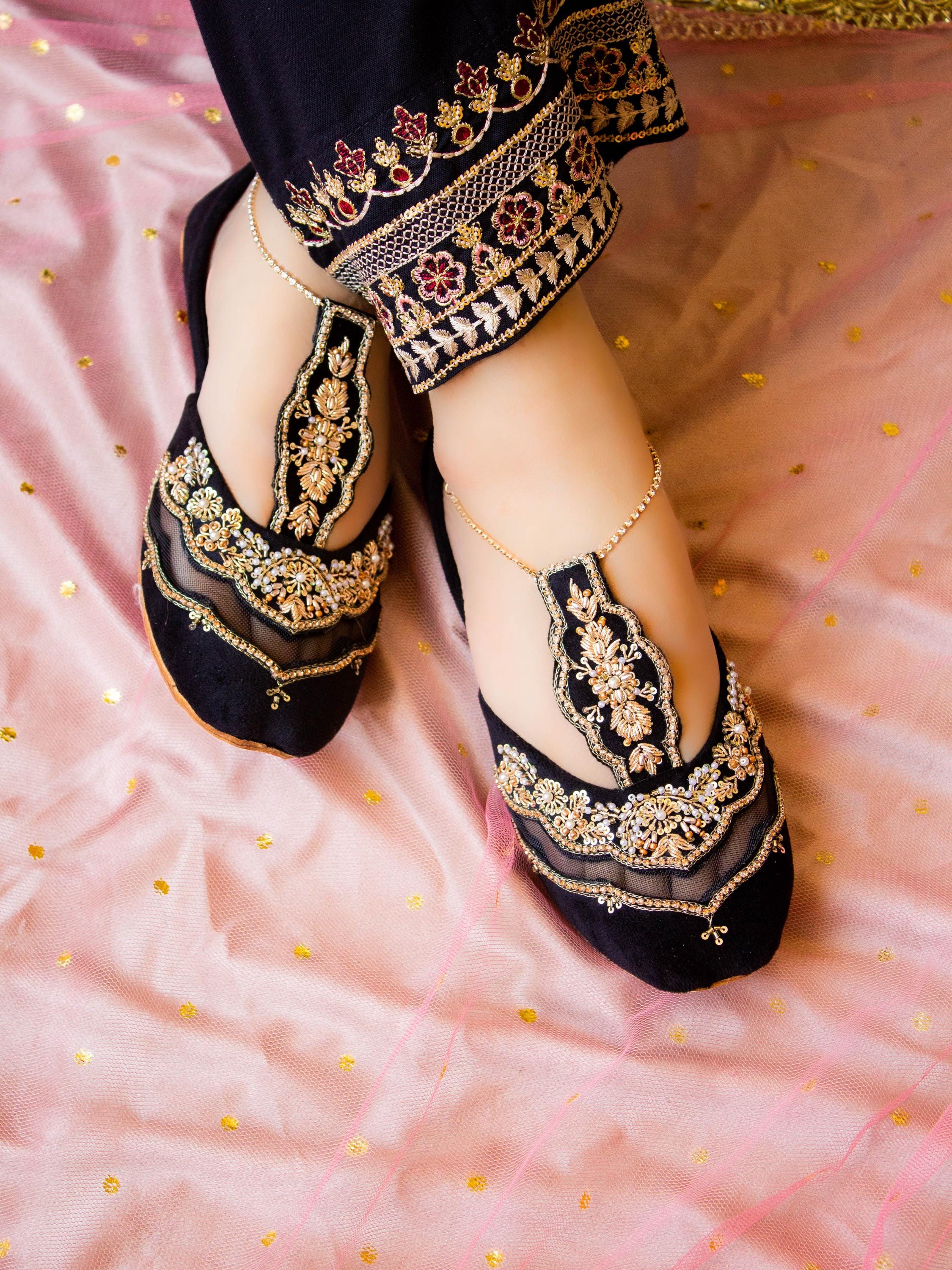Embroidered Velvet Khussa Shoes: Gold Pakistani Jutti, Bridal Footwear