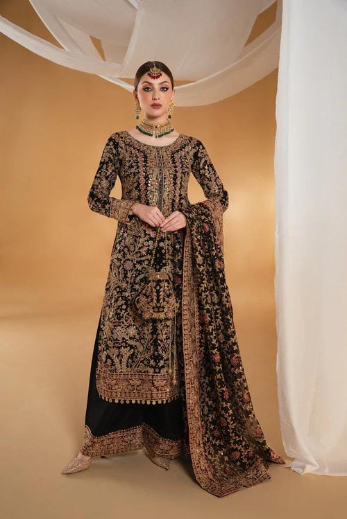 Black Chiffon Shalwar Kameez, Indian Wedding Dress, 4-Piece Kurta Set
