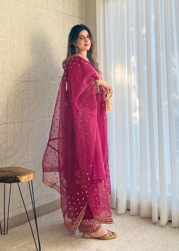 Embroidered Magenta haze Kattan Silk Suit Culottes  and organza Dupatta
