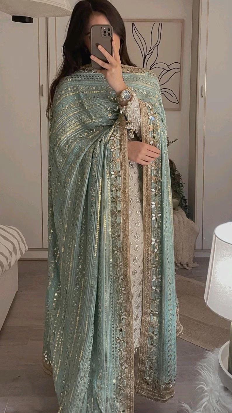 White Chiffon Chickenkari Shalwar Kameez, Zardozi Neckline, Pakistani Dress