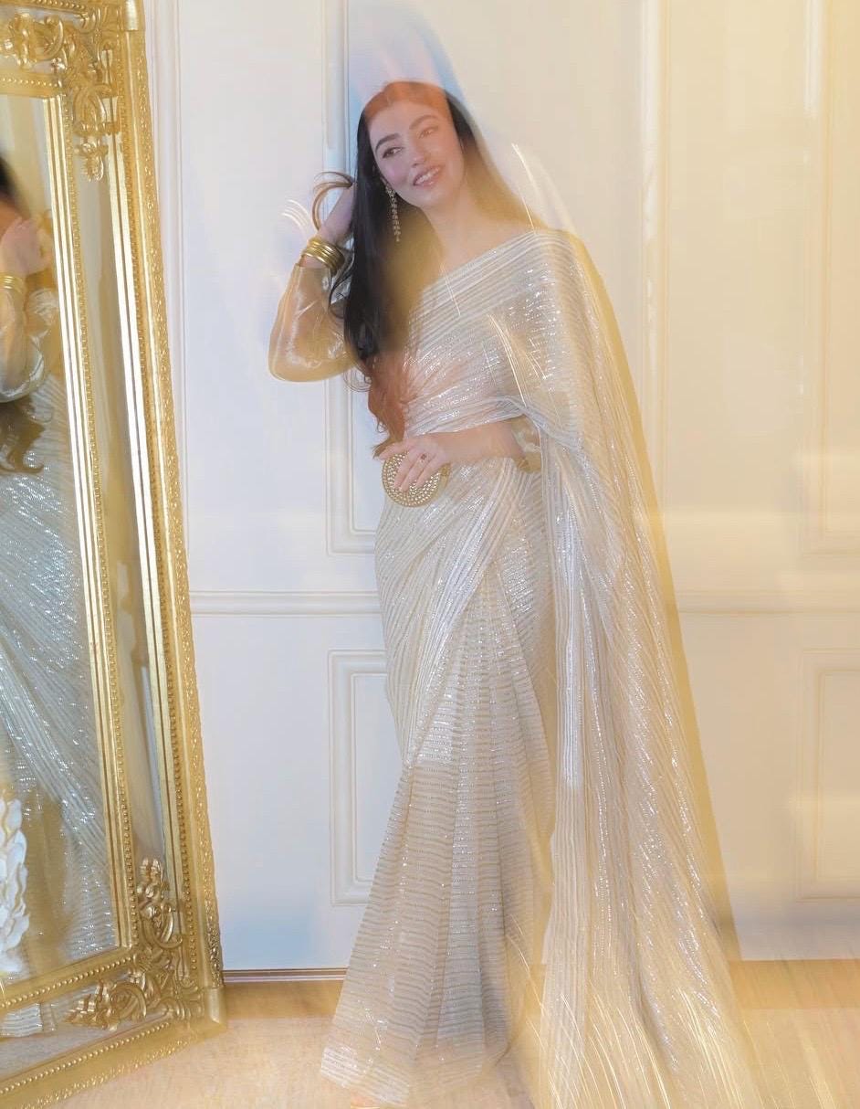 White Sequin Saree, Indian Party Wear, Matching Blouse