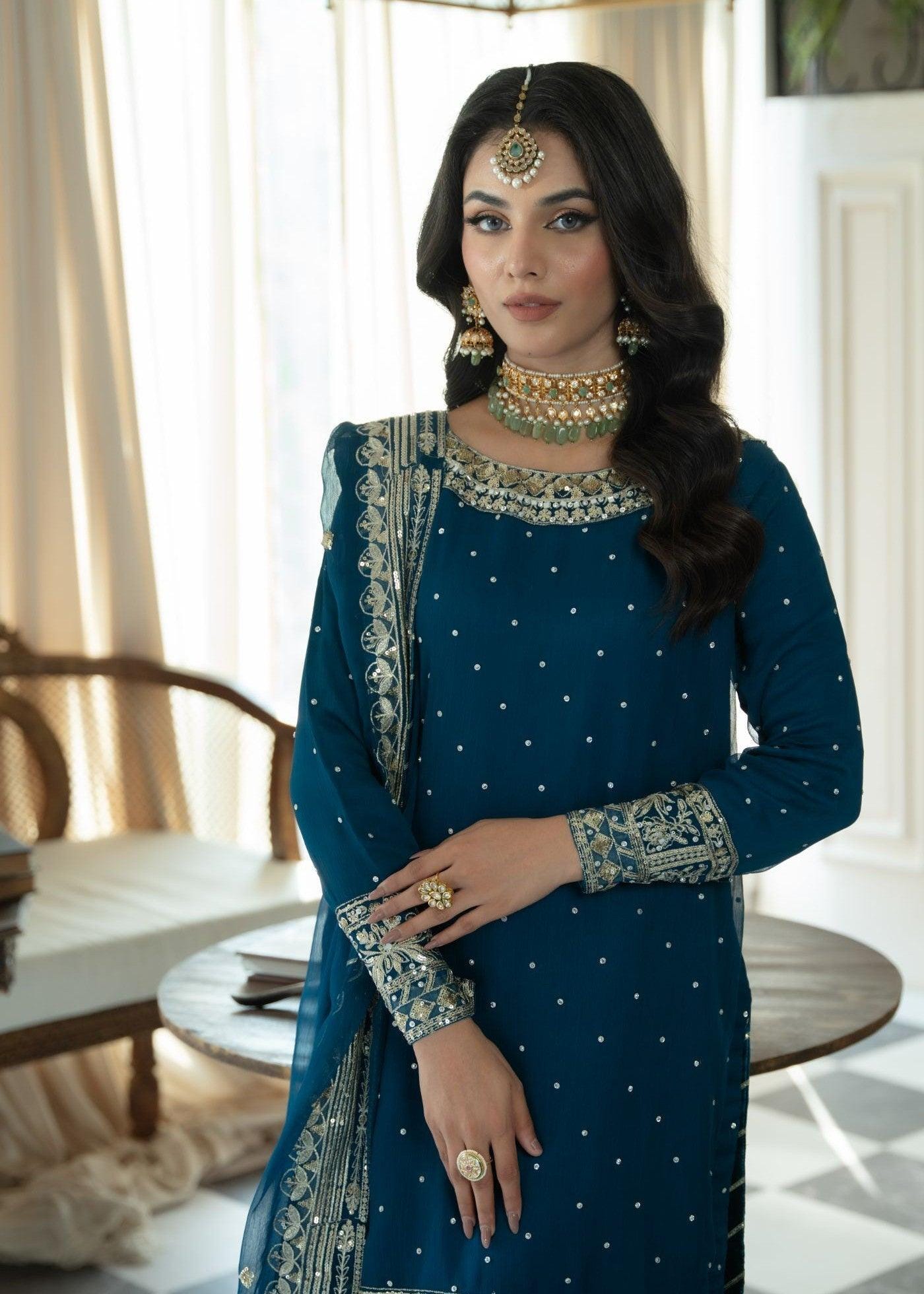 Blue Chiffon Gharara Dress, Indian Wedding Outfit, Zari Embroidery