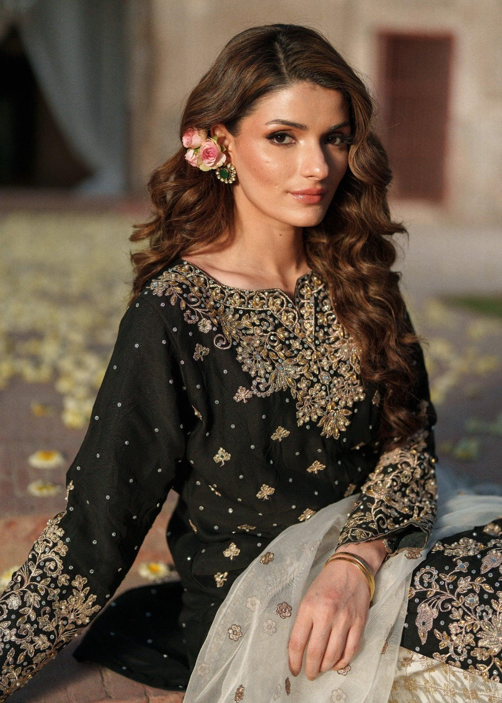 Black Kamdani Punjabi Suit, 3pc Chiffon Kurta, Organza Dupatta