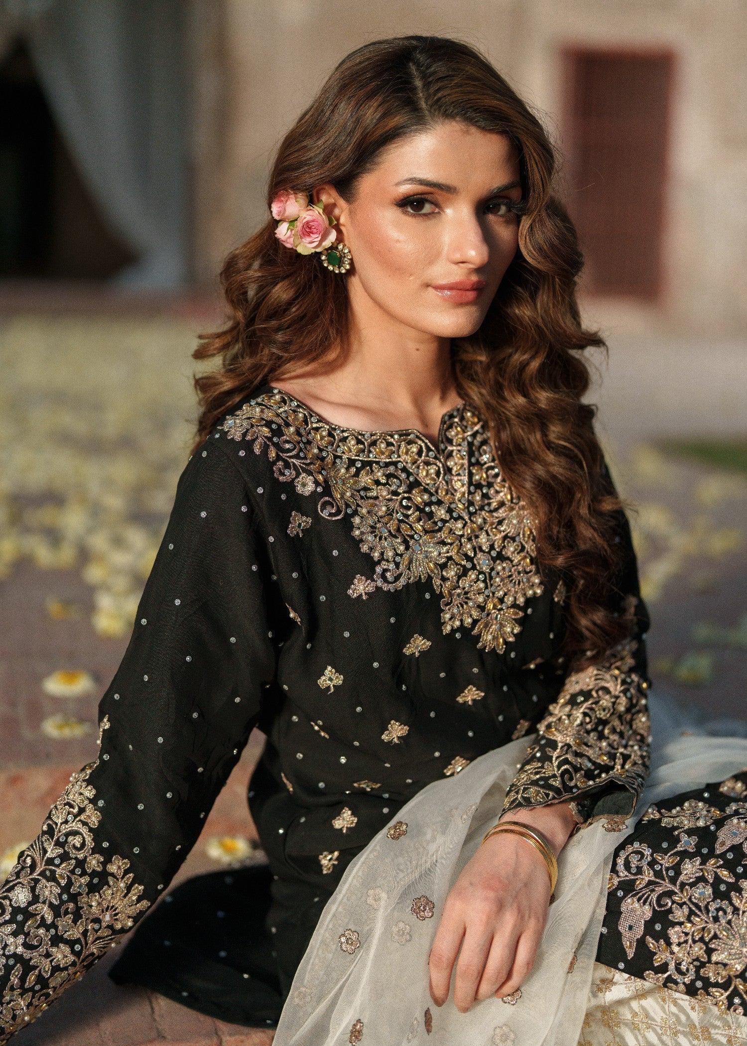 Black Kamdani Punjabi Suit, 3pc Chiffon Kurta, Organza Dupatta