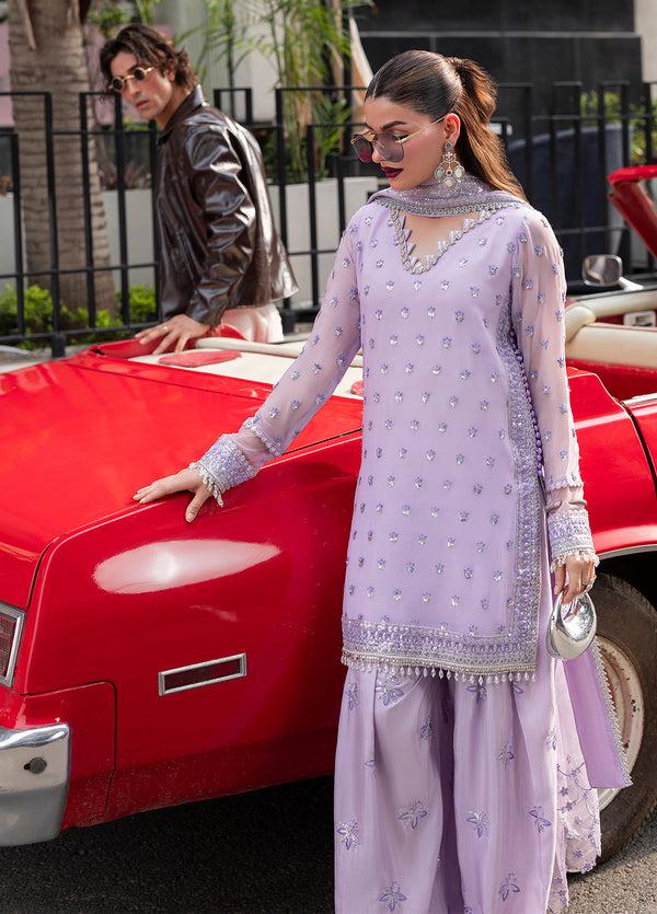 Embroidered Chiffon Farshi Shalwar Kameez, Lilac Indian Wedding Suit