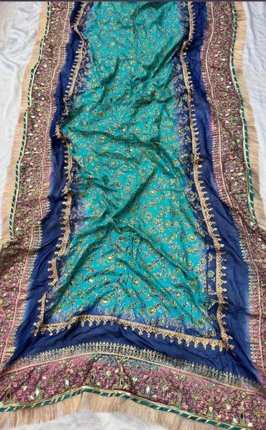 Peacock Blue Kamdani Silk Dupatta: Pakistani Bridal Shawl