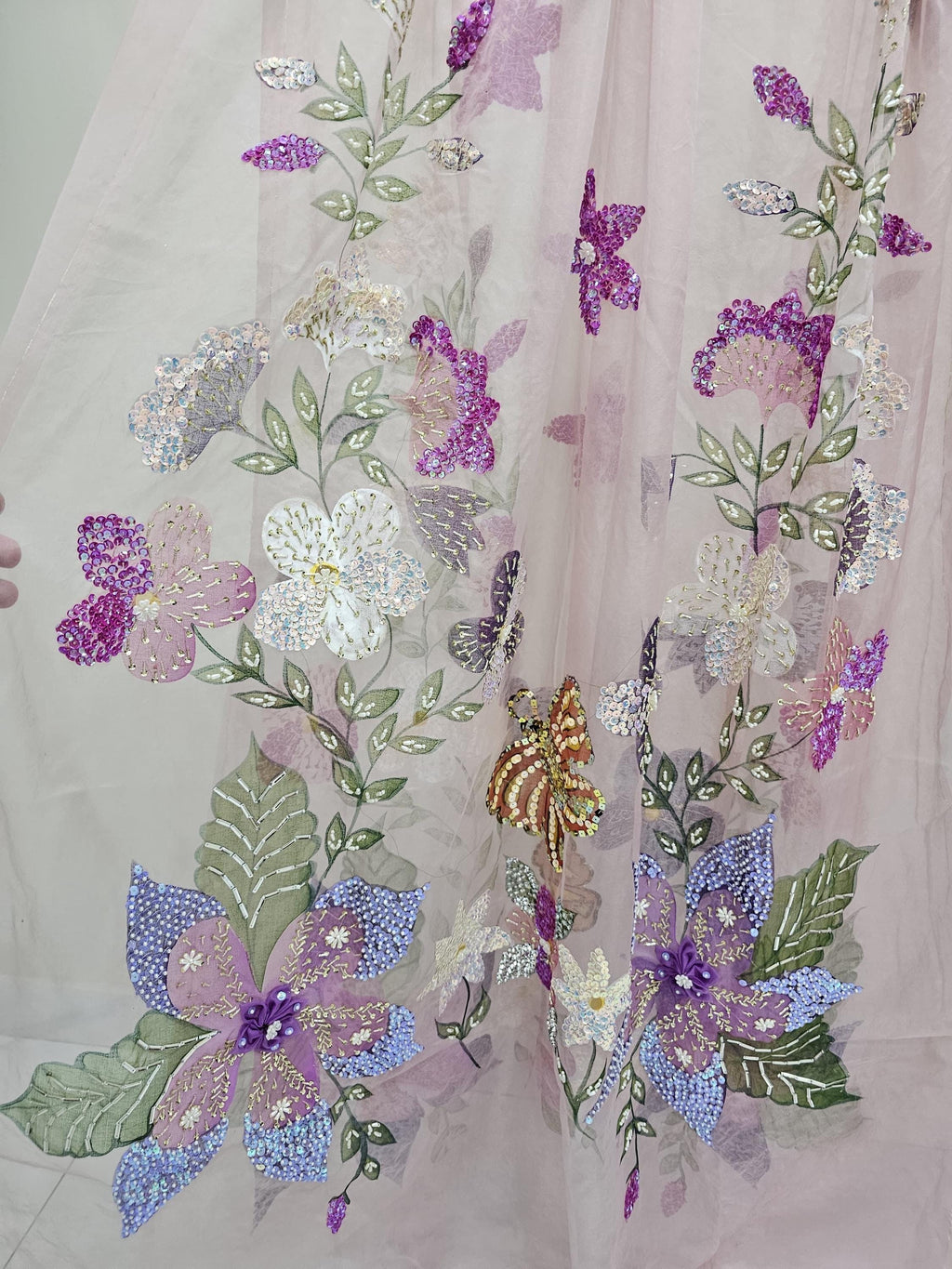 Hand-Painted Floral Organza Dupatta: Pink Lilac Indian Wear