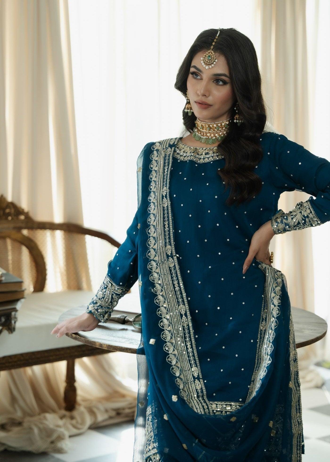 Blue Chiffon Gharara Dress, Indian Wedding Outfit, Zari Embroidery