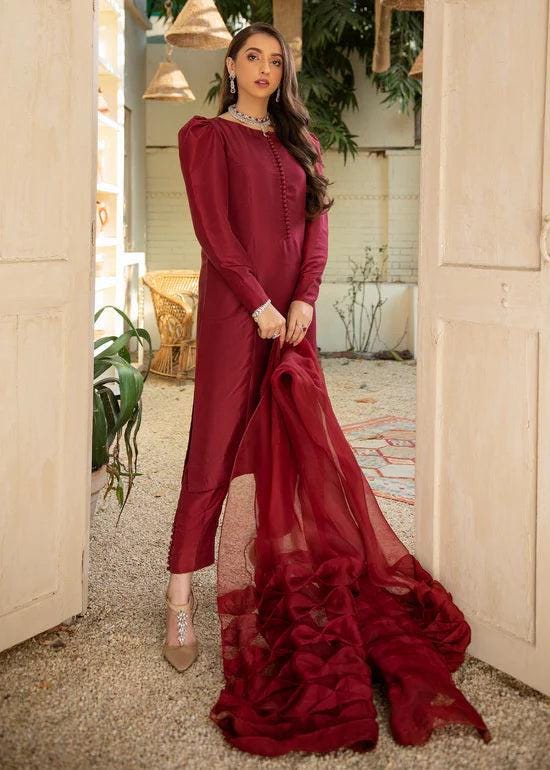 Handmade Silk Kurta Pant Set: Red Indian Dress with Organza Dupatta