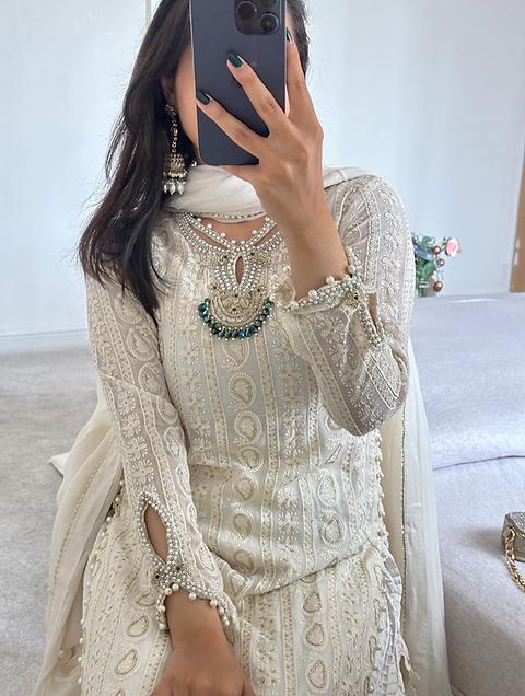 White Chicken Kari Shalwar Kameez, Sequins, Pakistani Designer Dress