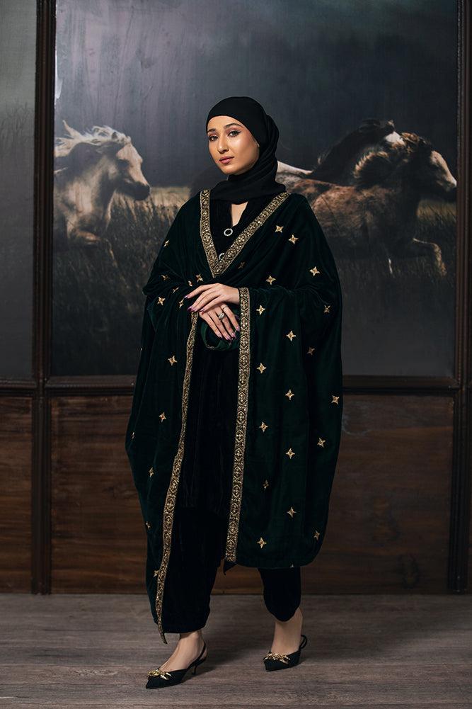 green twinkle  Velvet Bridal Shawl, Kashmiri Style