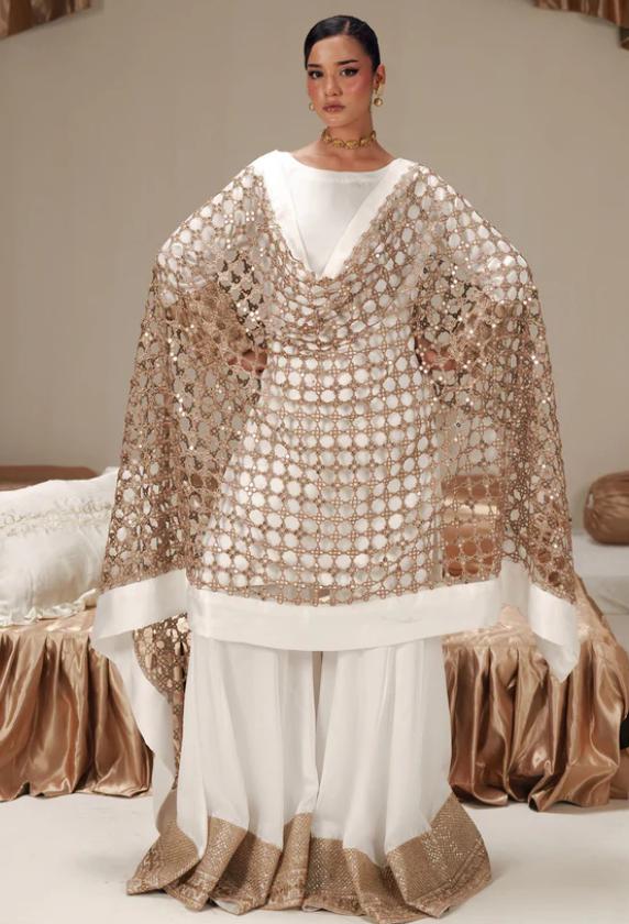 Ivory Silk Gharara Dress, Embroidered Organza Dupatta, Pakistani Wedding