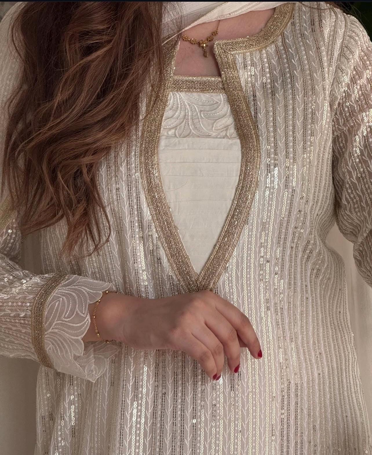 Hand Embellished White Sequins Pakistani Dress, 3pc Stitched