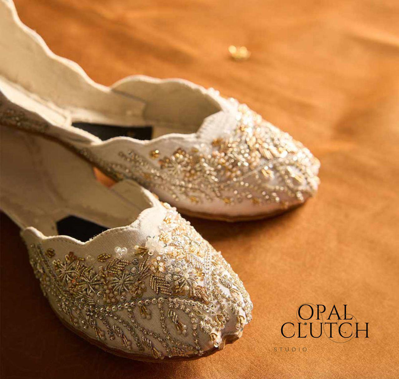 Handmade Pearl Embellished Khussa – Velvet Bridal Jutti