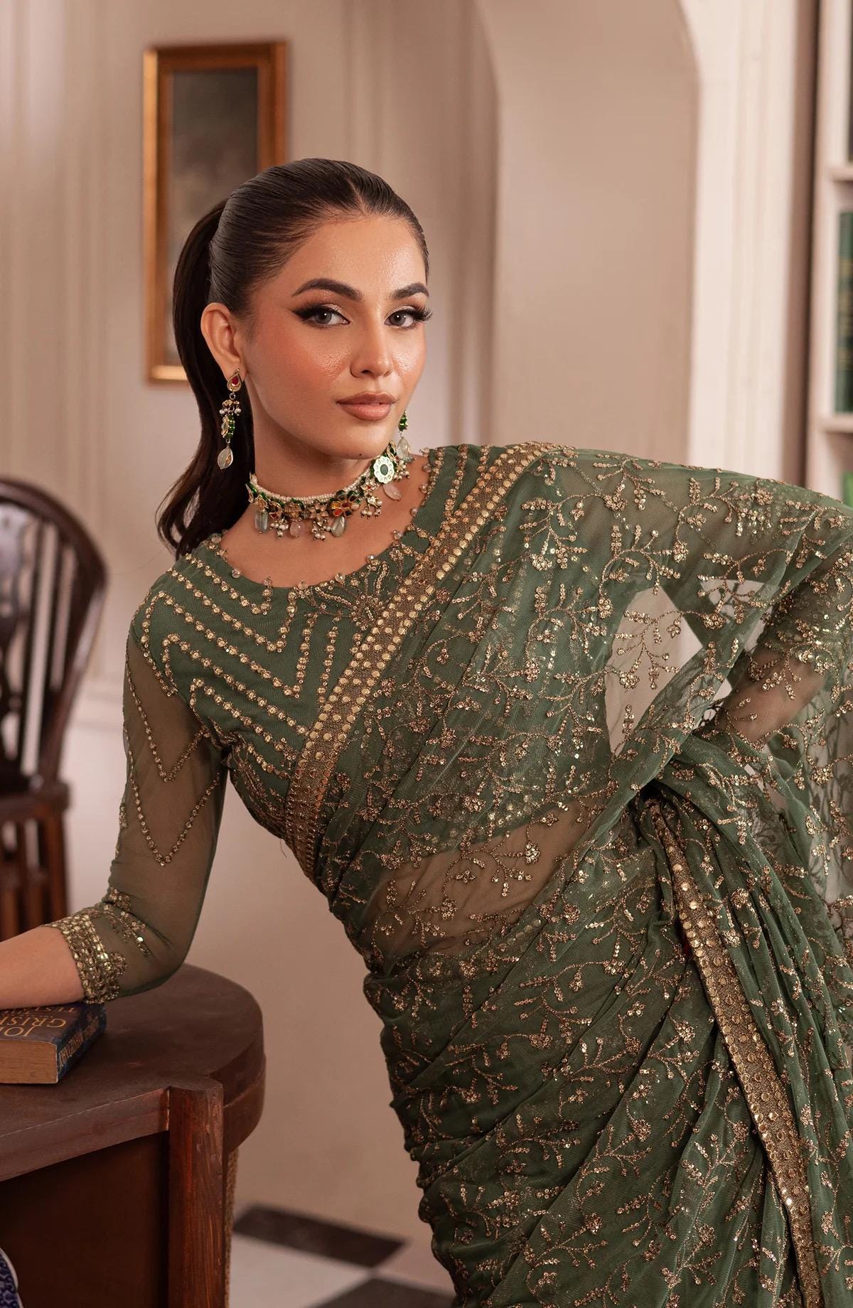 Sage Green Sequin Saree: Indian Party Wear, Matching Blouse