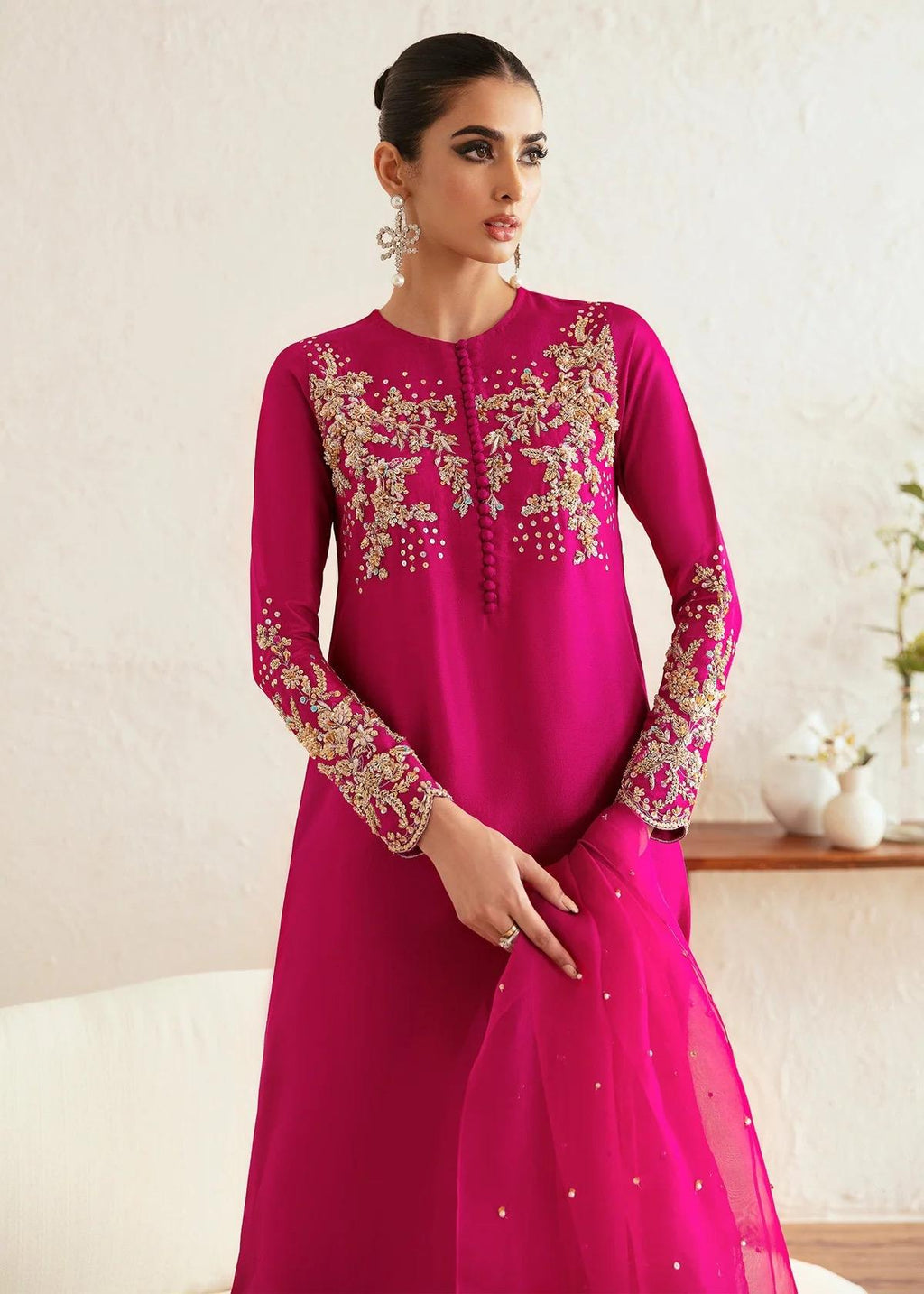 Embroidered Hot Pink Pakistani Suit: Raw Silk Wedding Party Wear