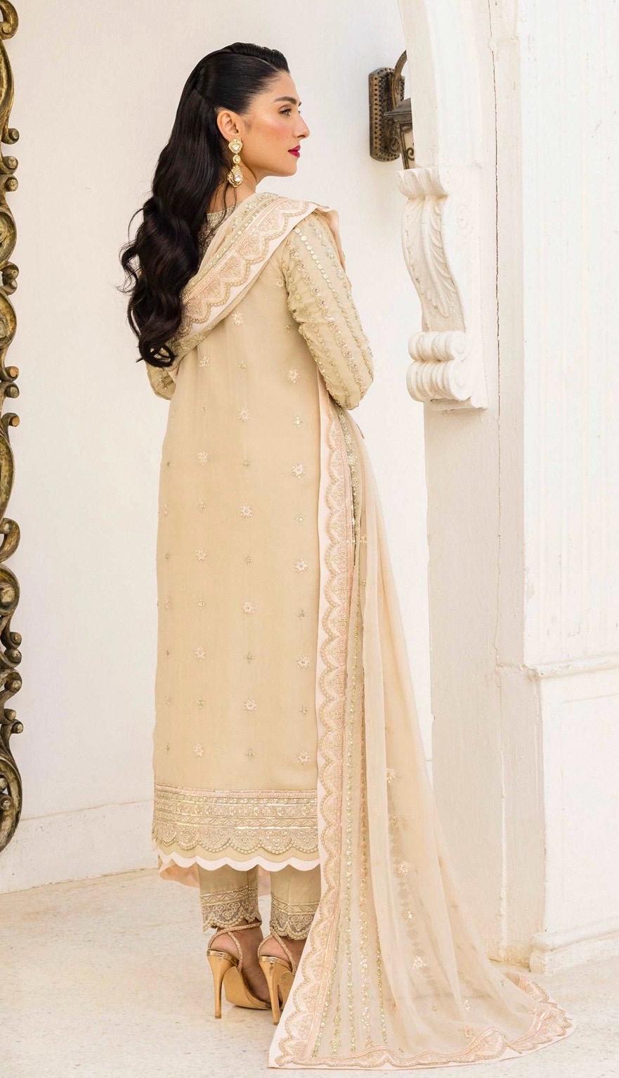 Gold Embroidered Chiffon Pakistani Suit, 3pc Shalwar Kameez