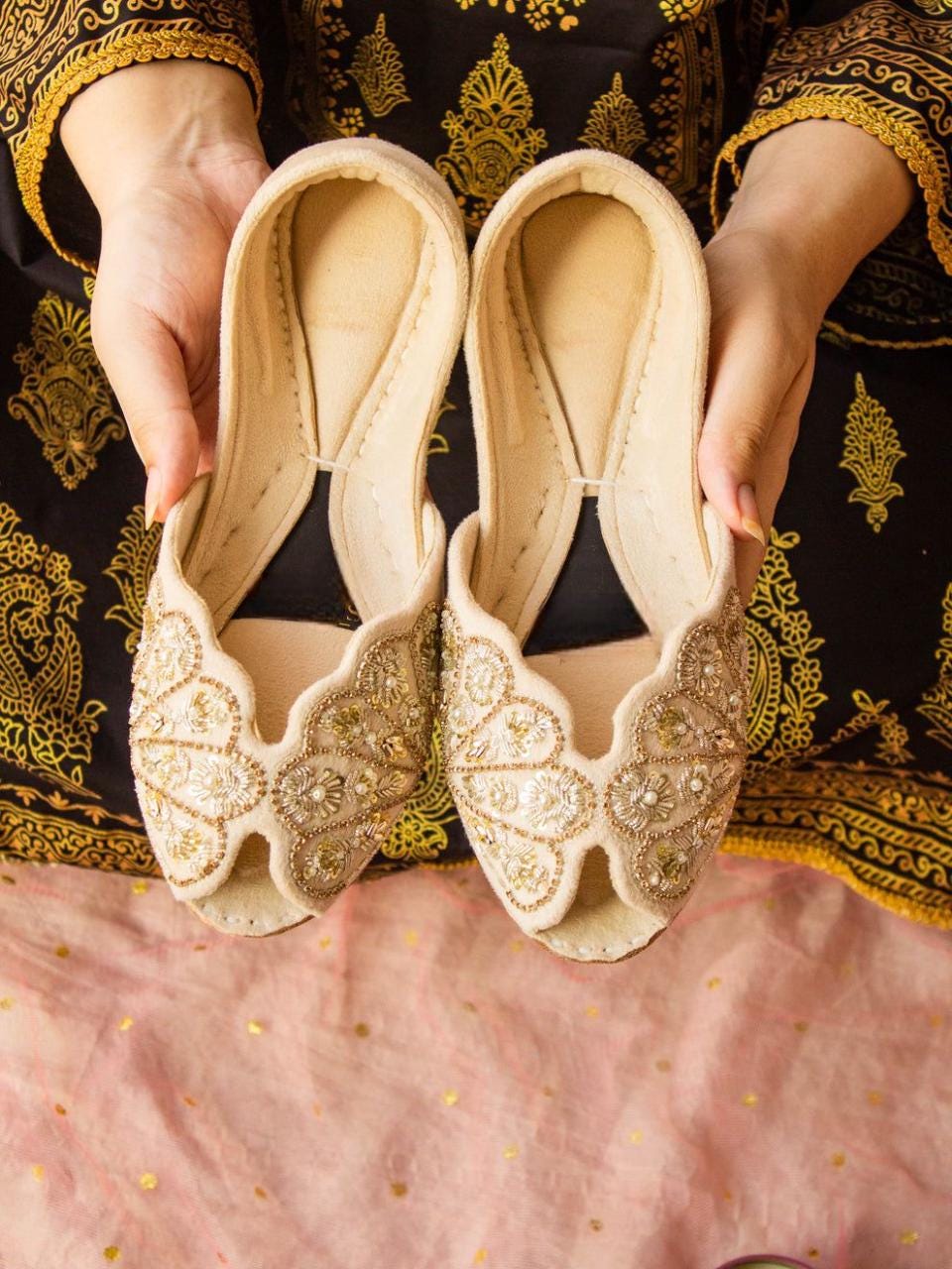 Handmade Bridal Khussa Jutti | Mirror & Velvet Embellished Flats