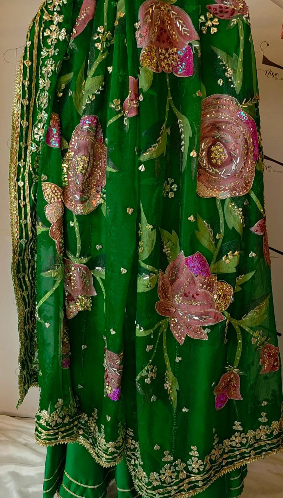 Hand-Painted Bridal Silk Sharara: Embroidered Organza Dupatta