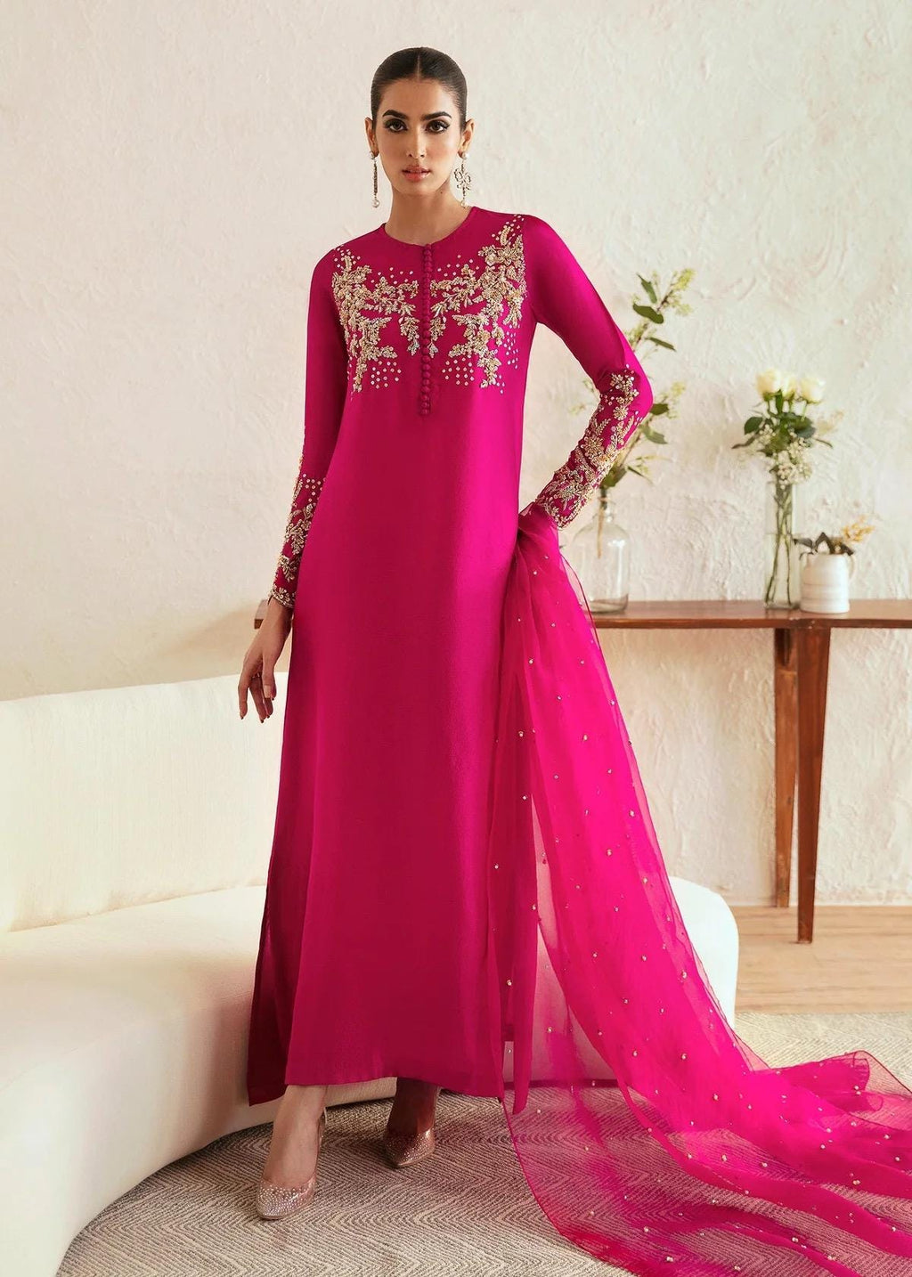 Embroidered Hot Pink Pakistani Suit: Raw Silk Wedding Party Wear