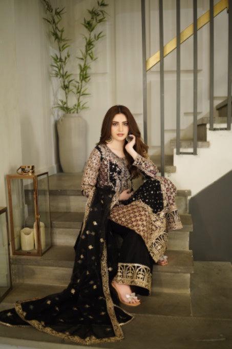 Chiffon Kamdani Indian Dress, Pakistani Long Shirt, Raw Silk Trouser, Organza Dupatta