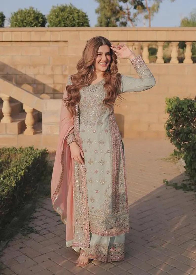 Embroidered Chiffon Kurta Set: Green Raw Silk Trouser, Wedding Dress