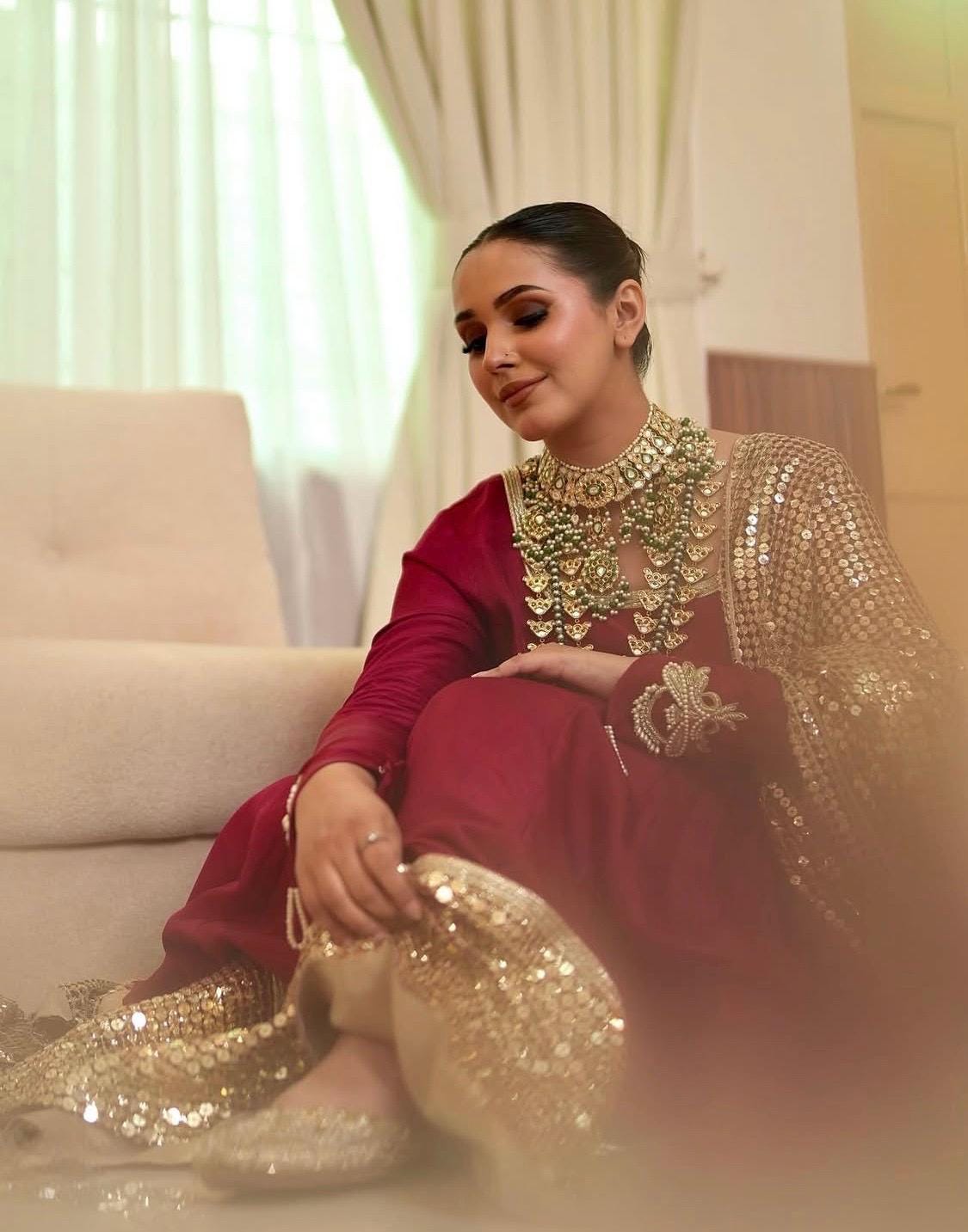 Red Floral Embroidered Pakistani Gown | Sequined Dupatta