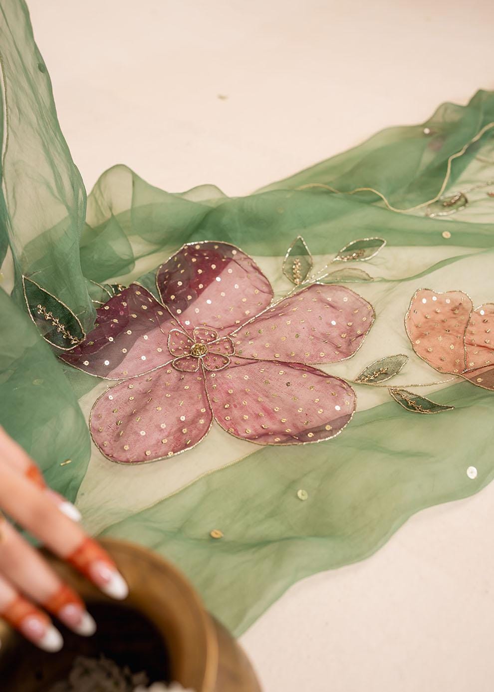 Hand-Painted Organza Saree, Green Floral Sequin Sari, Blouse Included