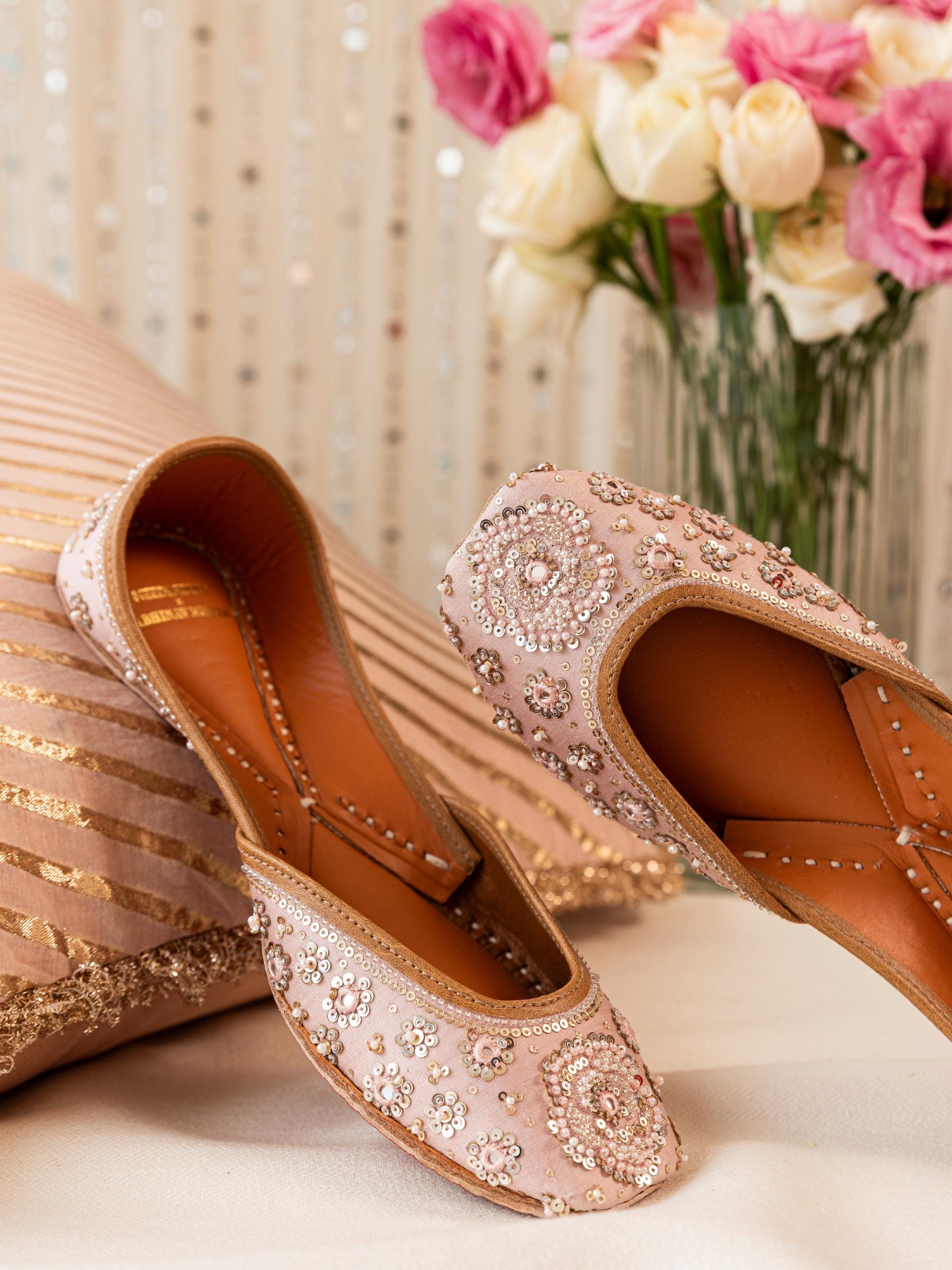 Handmade Pink Velvet Khussa Mojari Flats, Gold Embellished Bridal Shoes