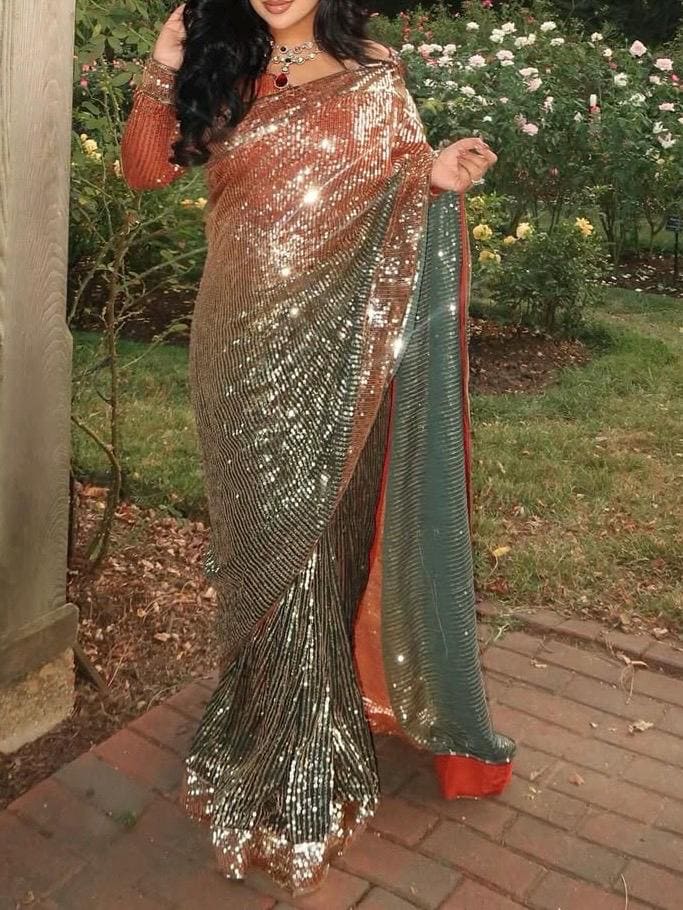 Black and orange Sequin Saree with Embroidered Blouse: Indian Party Wear