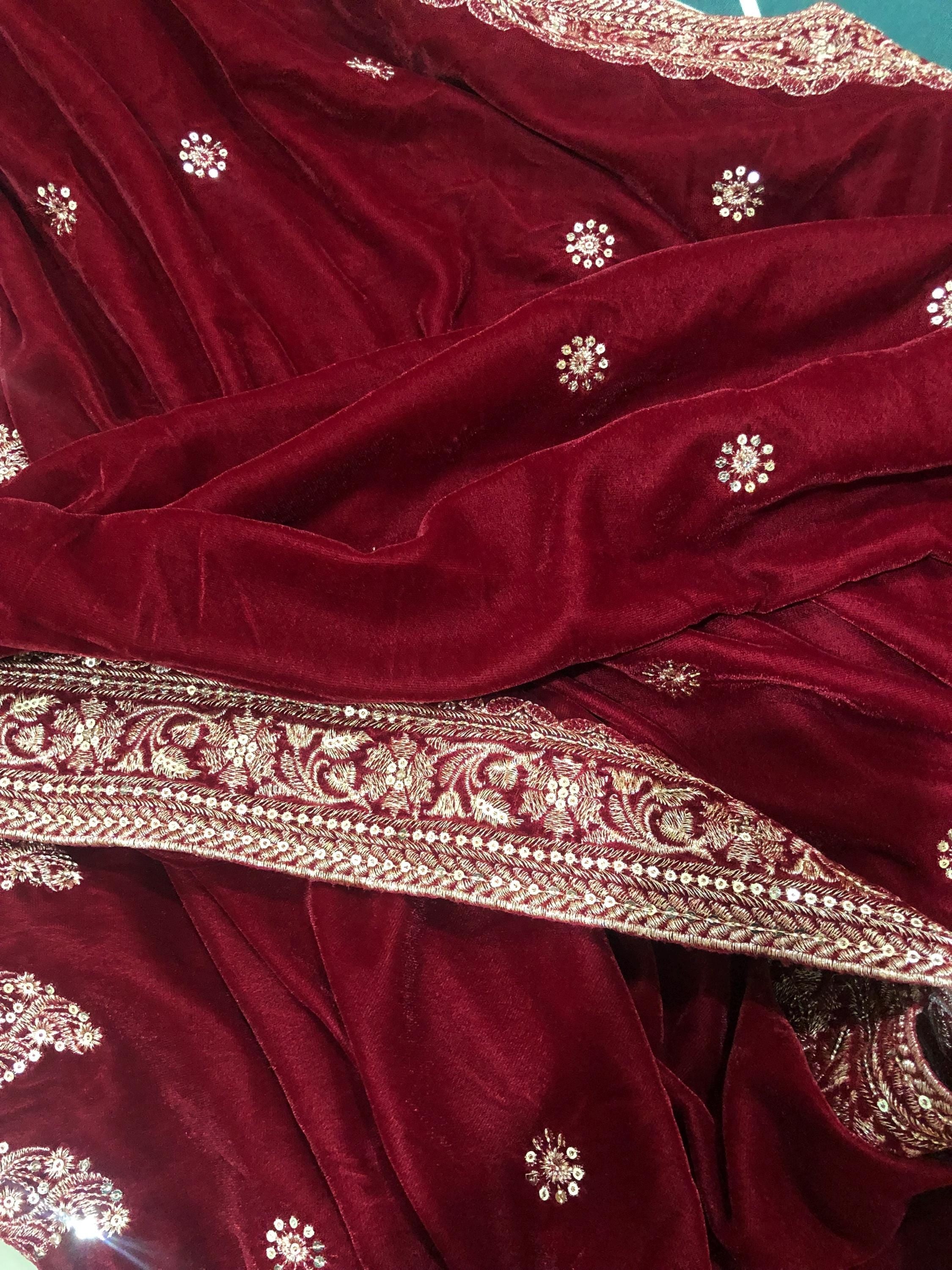 Maroon Velvet Bridal Shawl | Sequin & Tila Embroidery, Festive Stole