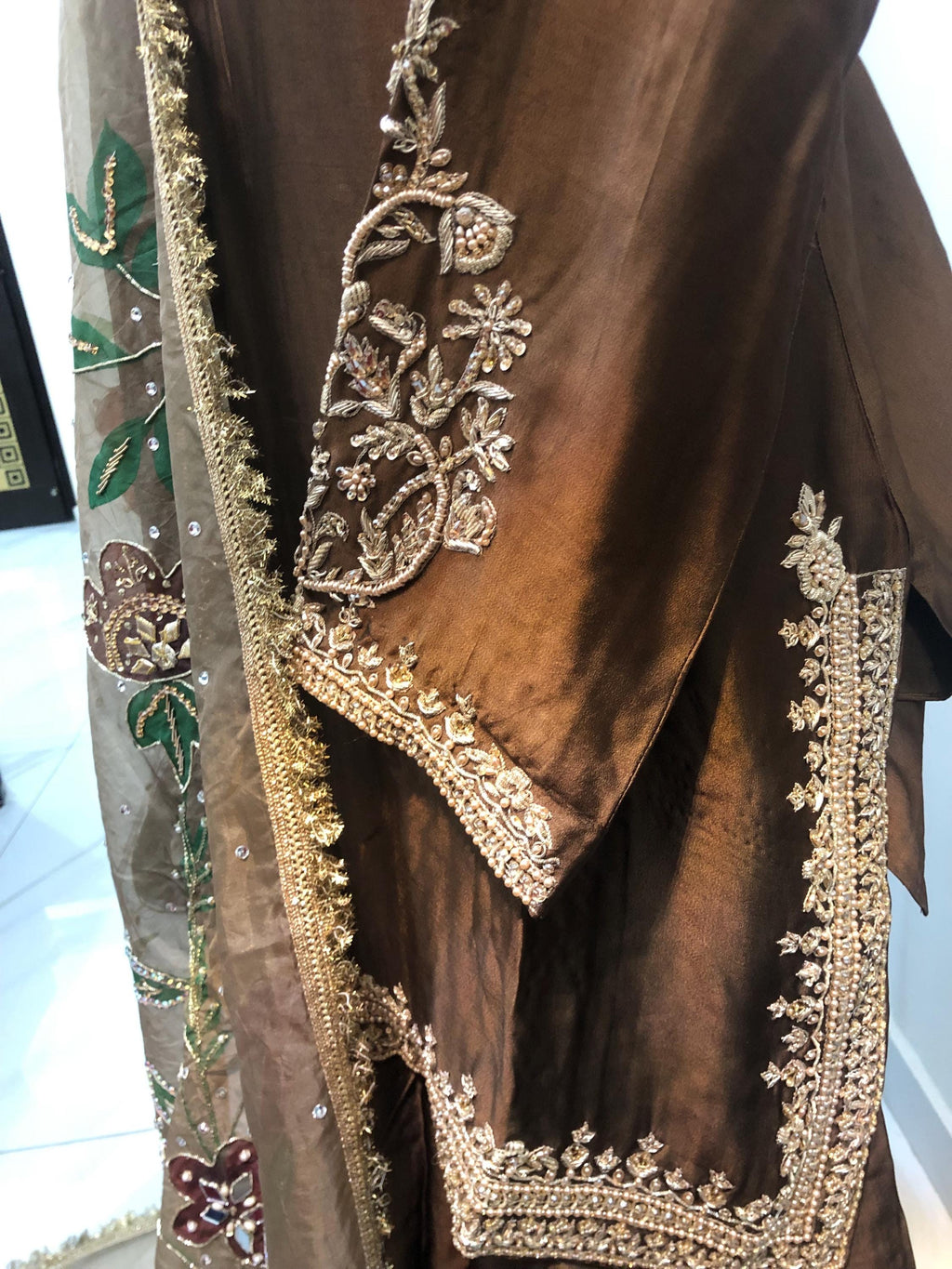Brown Sheesha Silk Kamdani Suit, Hand-Painted Dupatta, Pakistani Wedding Outfit