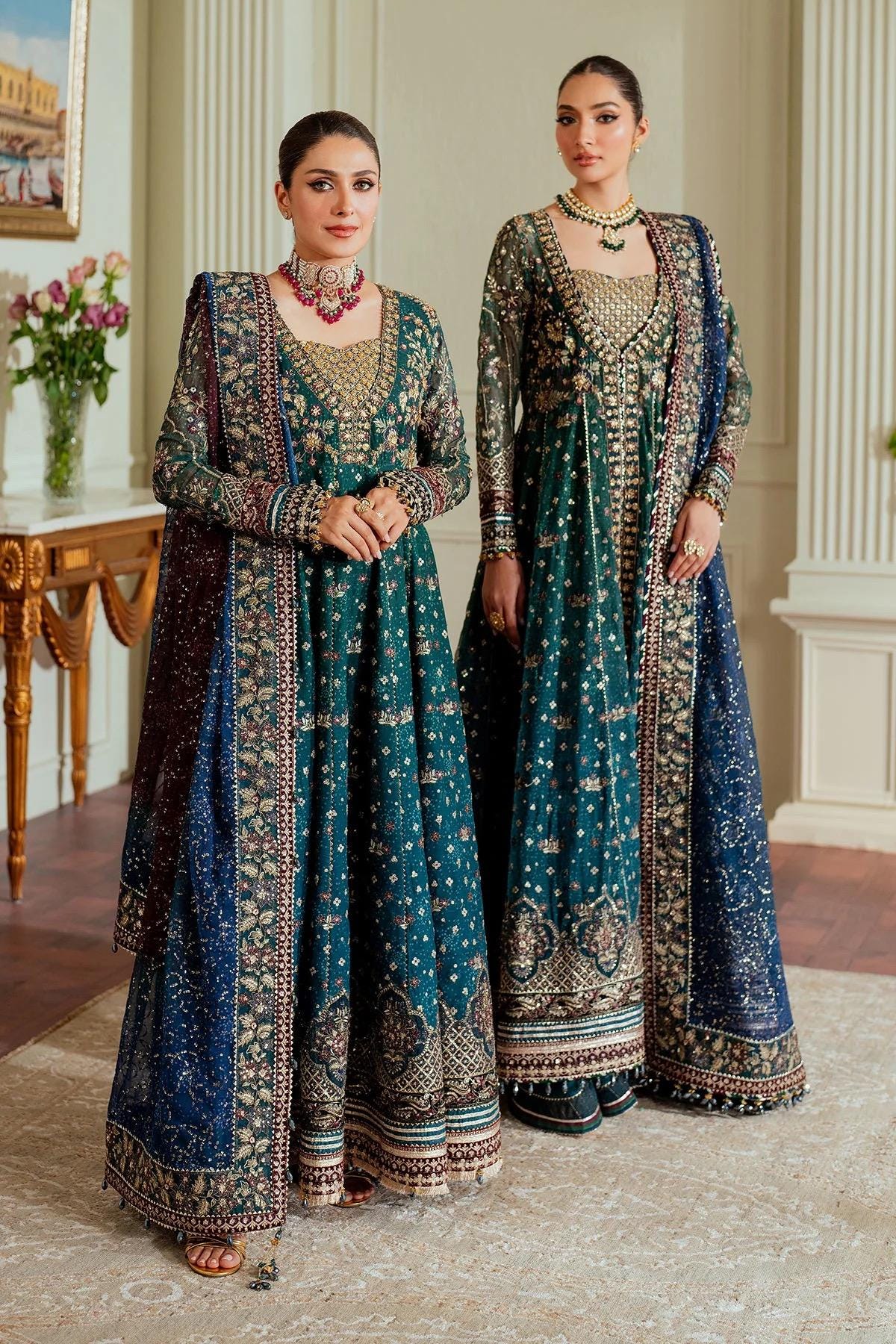 Blue Chiffon Pakistani Gown | Embroidered Dupatta, Silk Trouser