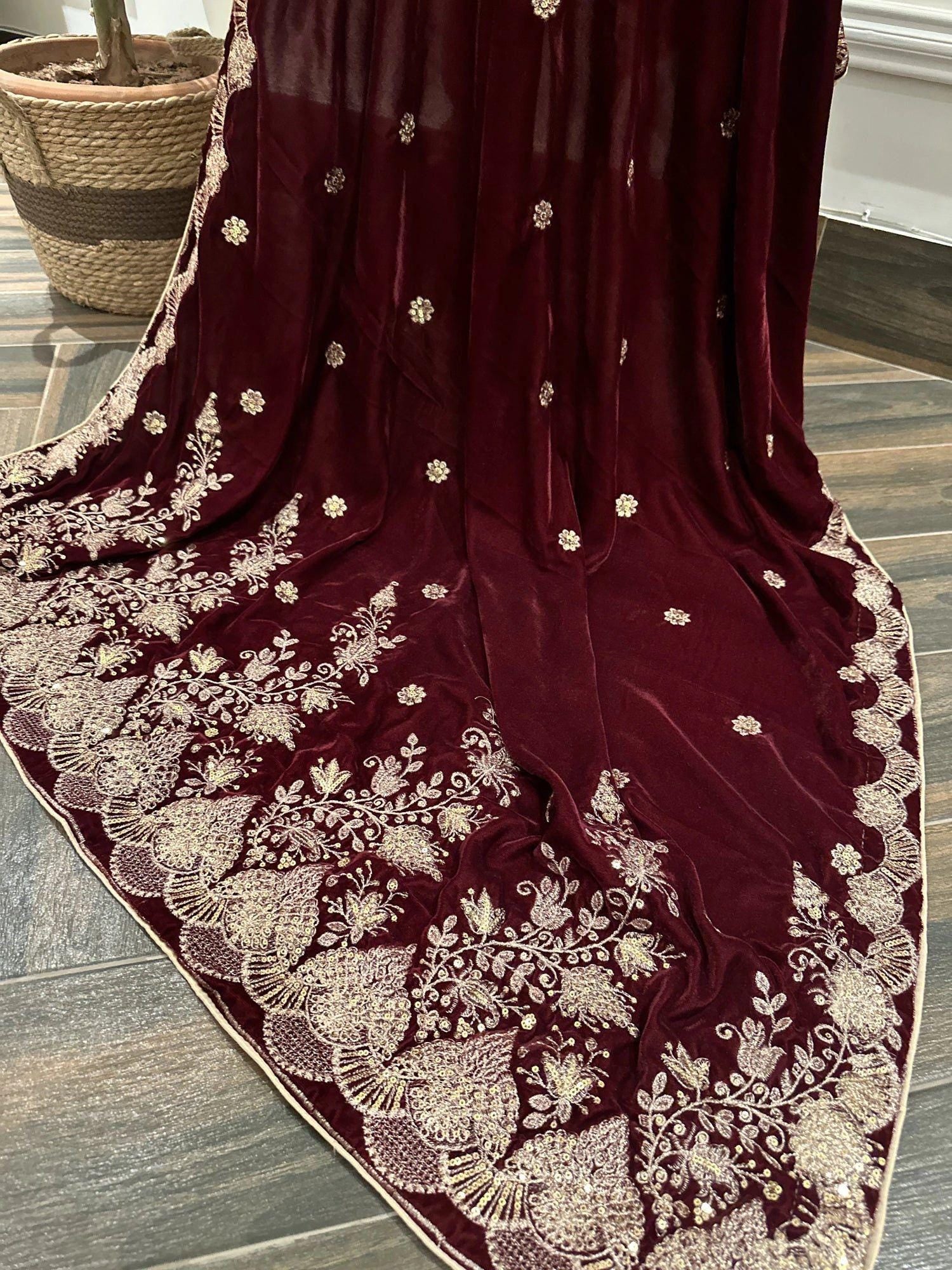 Maroon Velvet Embroidered Shawl: Bridal Duppatta with Cutwork Border