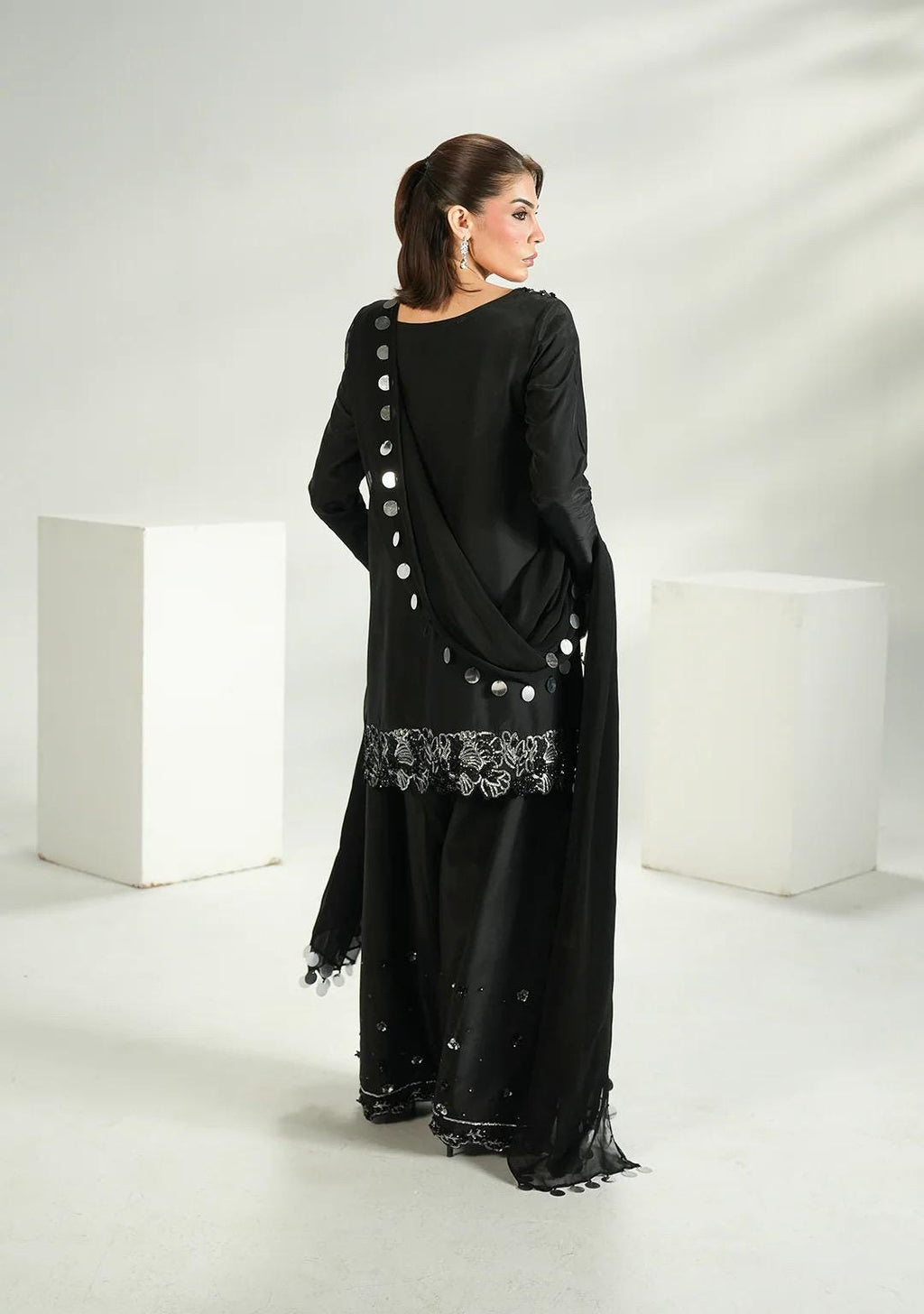 Embroidered Black Silk Farshi Shalwar Kameez: Indian Wedding Outfit with Chiffon Dupatta