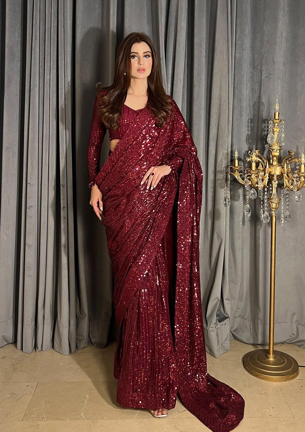 Maroon Sequin Saree with stitched Blouse: Indian saree, pakistani reception outfit