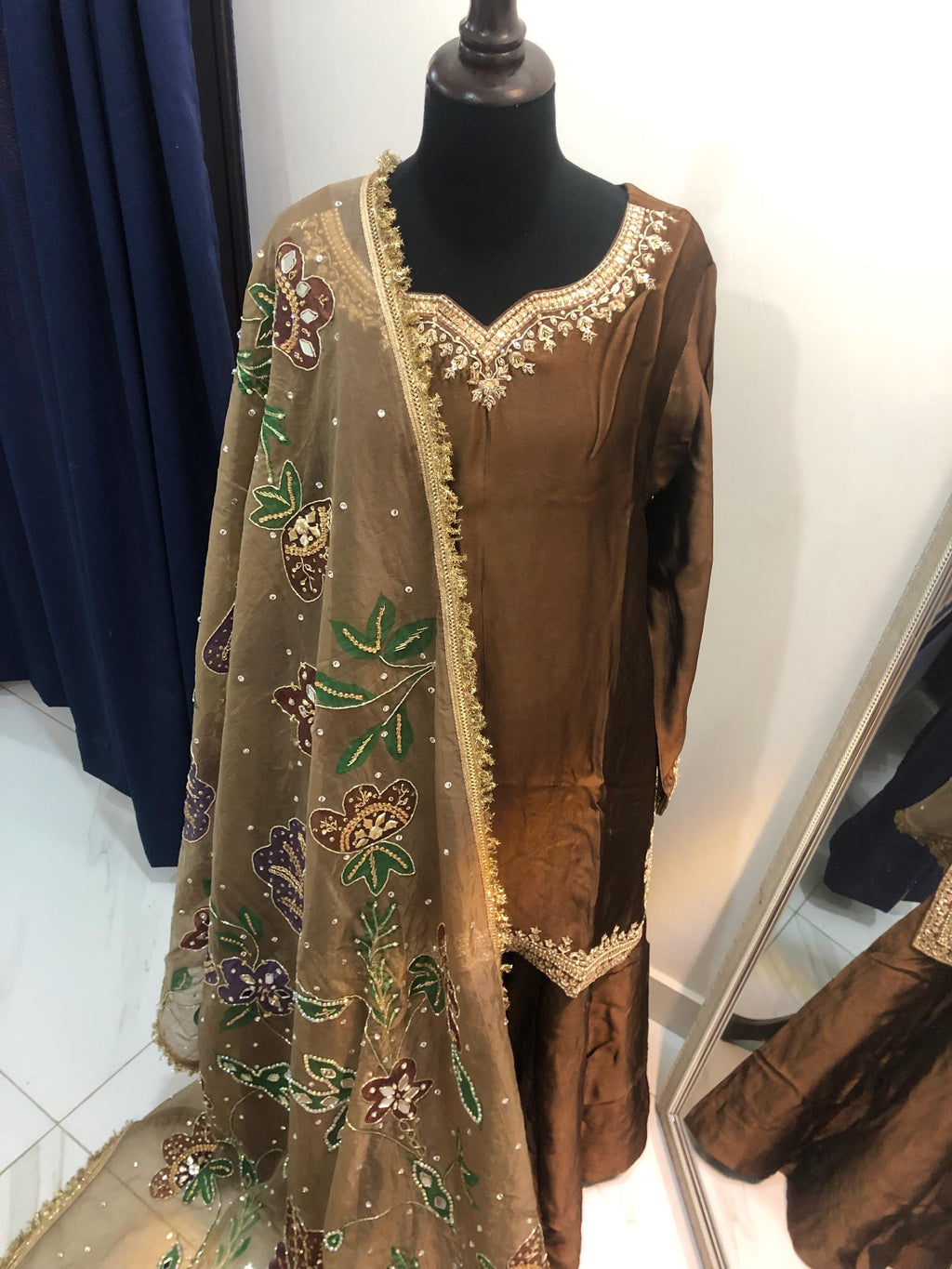 Brown Sheesha Silk Kamdani Suit, Hand-Painted Dupatta, Pakistani Wedding Outfit