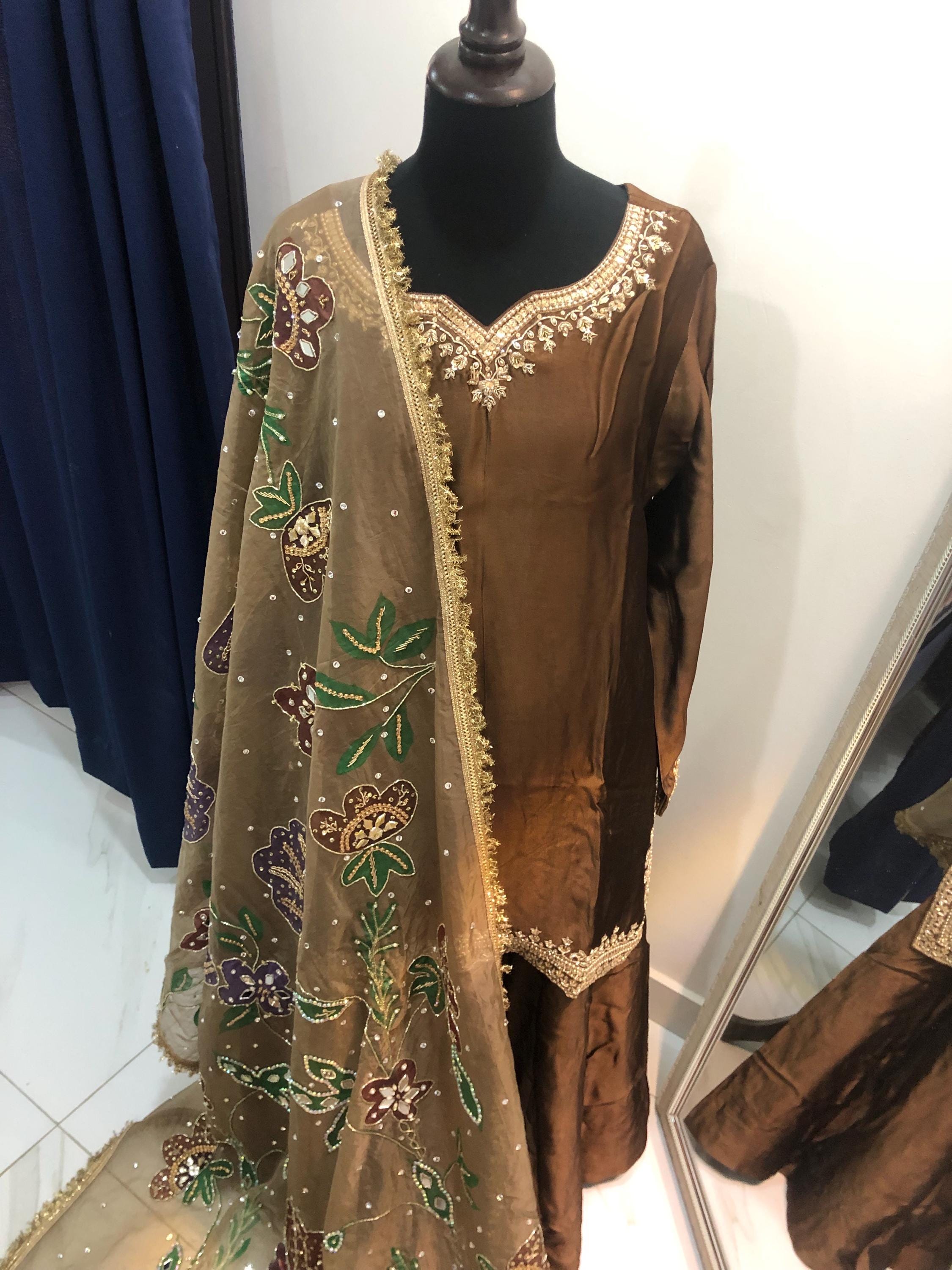 Brown Sheesha Silk Kamdani Suit, Hand-Painted Dupatta, Pakistani Wedding Outfit